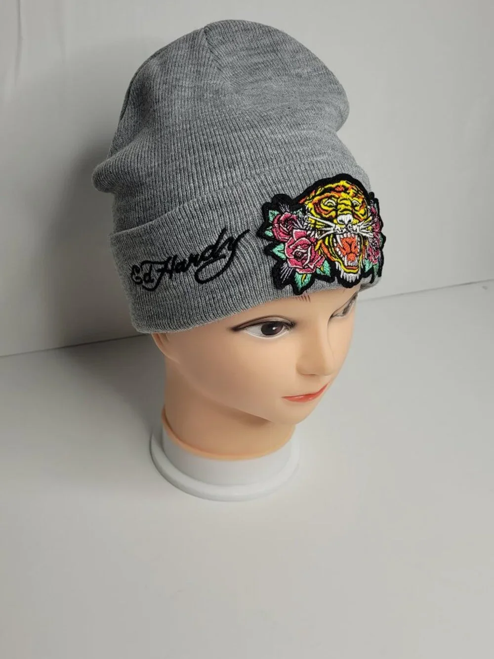 Ed Hardy gray big tiger tattoo logo patch form fitting beanie hat